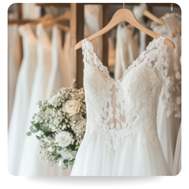 Wedding gown hanging up.